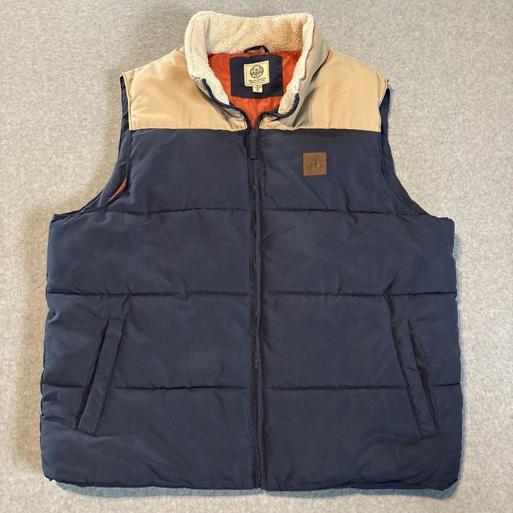 Vintage Field & Stream Blue Beige Puffer Vest Insulated XL Classic Hiking Mens